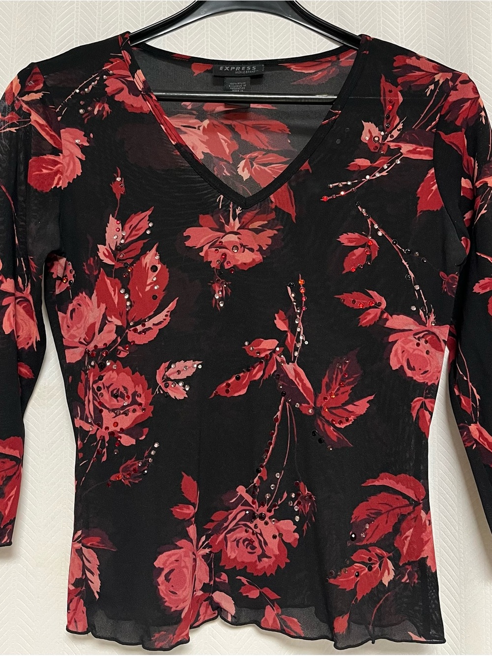 VTG Y2K Express Rhinestone Rose Floral Mesh Top S